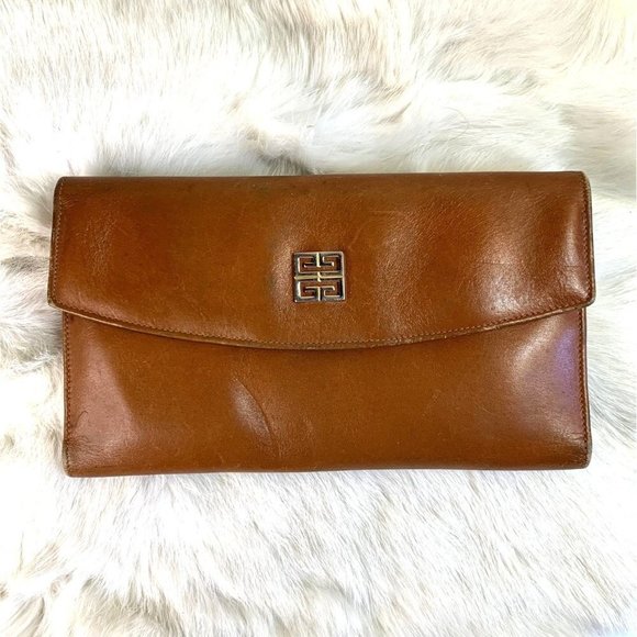 Vintage Givenchy Tan Leather Wallet Tri-fold Bag Clutch - Picture 1 of 14